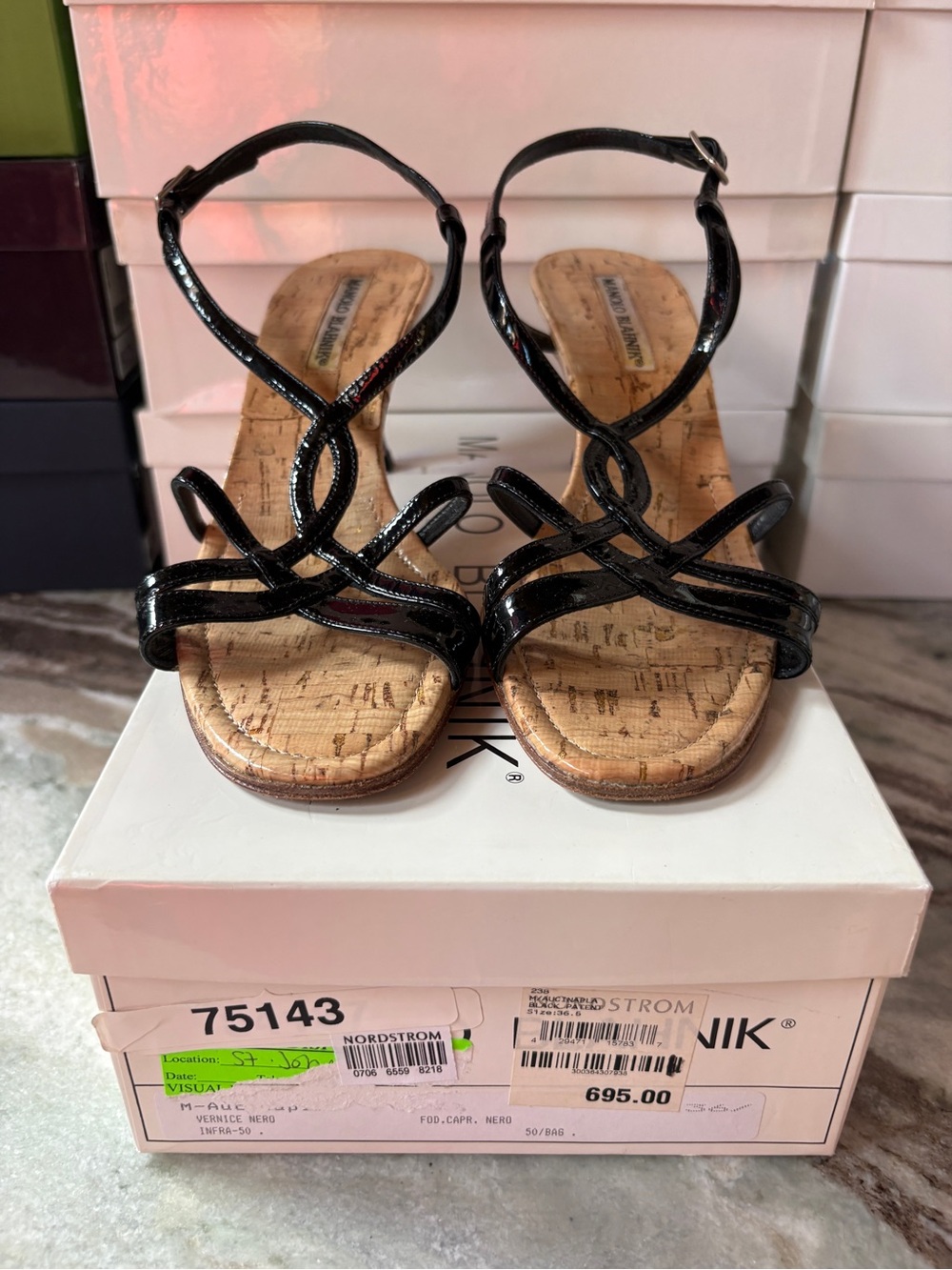 Manolo Blahnik Black patent leather Strappy Cork Sandals - Women's